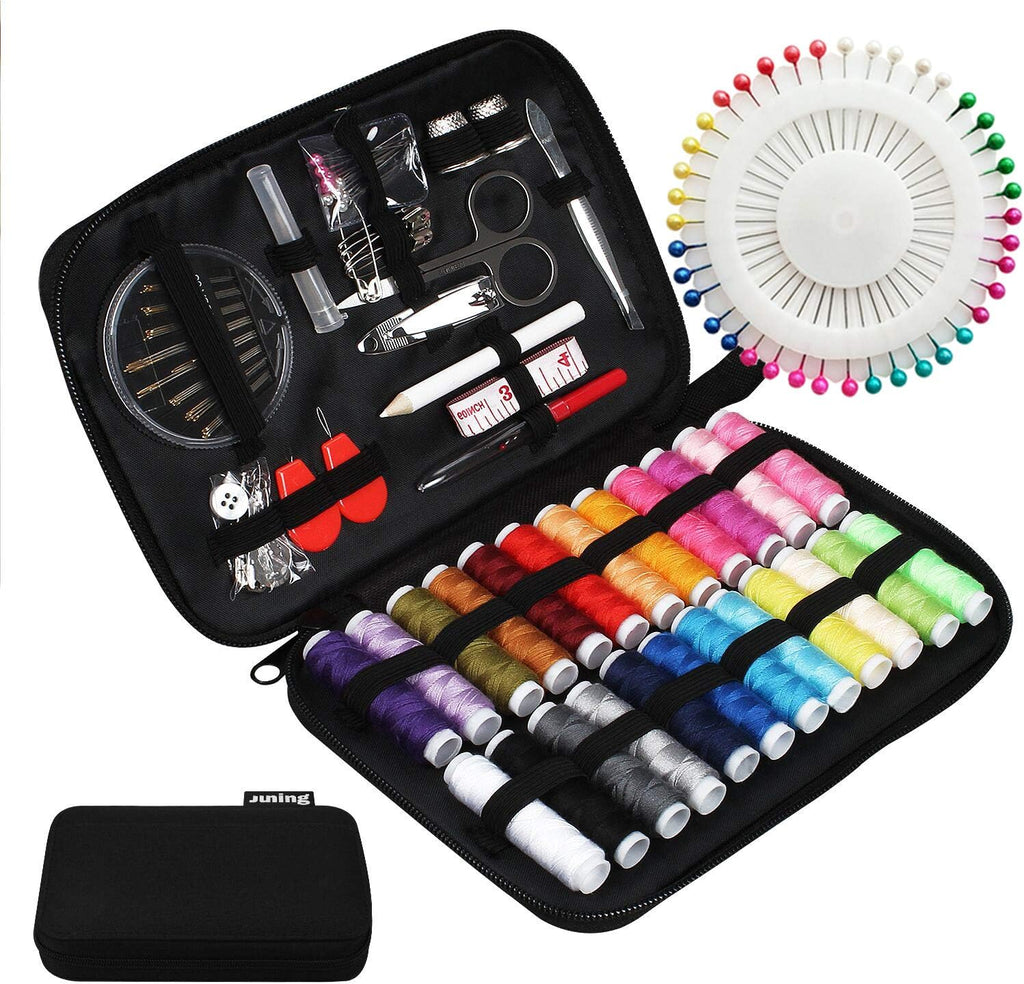 JUNING Sewing Kit with Case, 130 pcs Sewing Supplies for Home Travel and Emergency, Kids Machine, Contains 24 Spools of Thread of 100m, Mending and Sewing Needles, Scissors, Thimble, Tape Measure etc