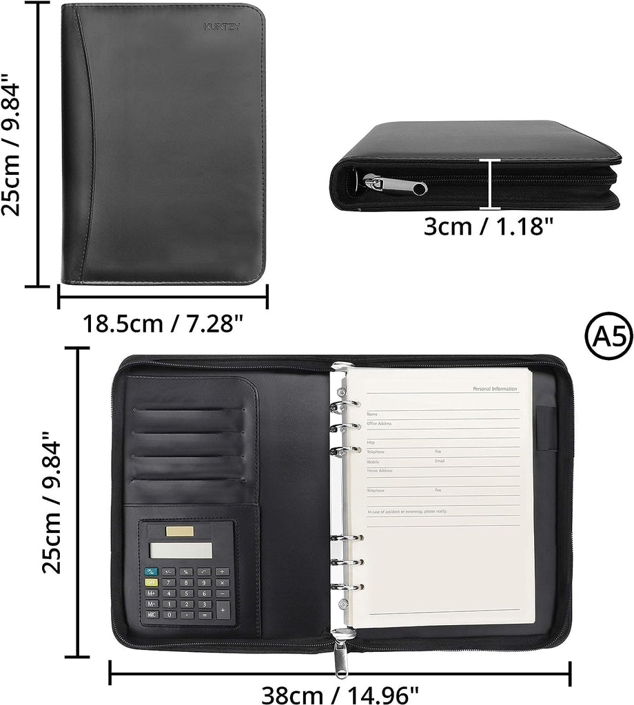 Kurtzy A5 Zipped Conference Folder - Black Personal/Work Organiser Padfolio - Business Travel Portfolio Folder with Ring Binder, Calculator, Refillable Notepad Pages and Pen Holder