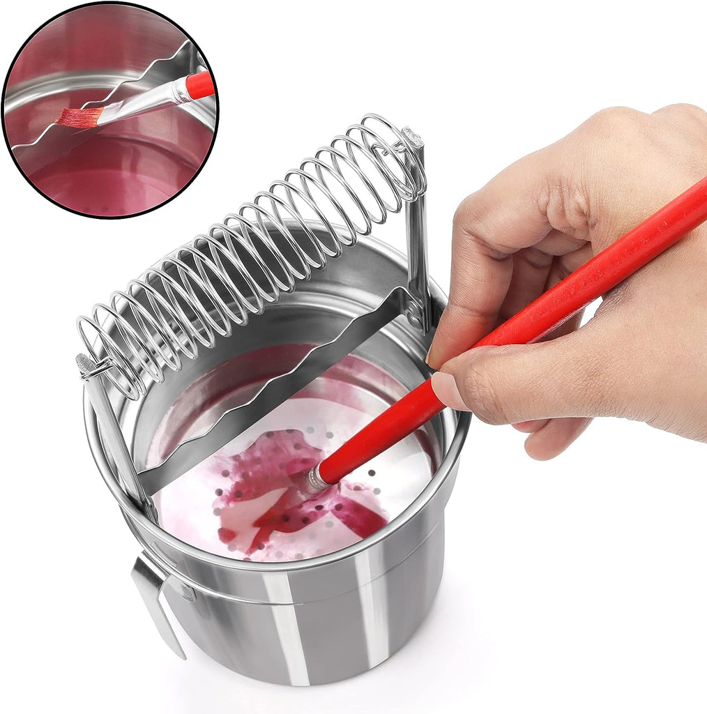 Kurtzy Stainless Steel Paint Brush Cleaner Washer - Leak Proof Portable Double Layer Artist Brush Cleaner with Wash Tank, Removable Filter Screen and Holder Spring - for Oil Art Painting