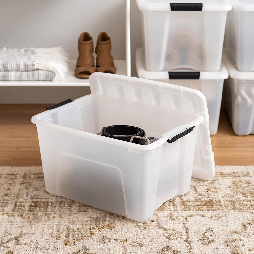 IRIS USA 40 Qt. Plastic Storage Bin Tote Organizing Container with Durable  Lid and Secure Latching Buckles, Stackable and Nestable, 4 Pack, Clear with  Black Buckle