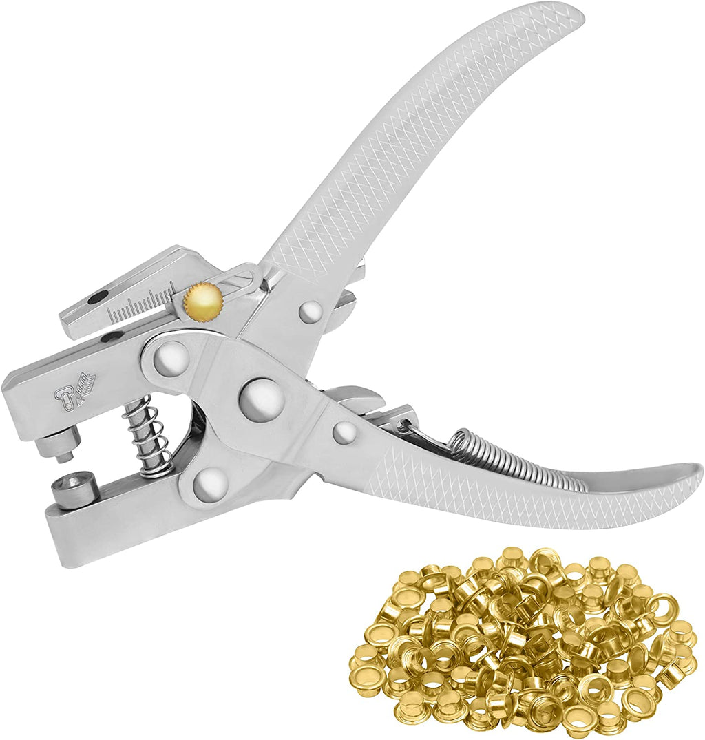 Kurtzy Eyelet Hole Punch Pliers Kit with 100 Eyelets - 16cm/6.3 inch Leather Belt Grommet Tool - 7.2mm Gold Metal Grommets - Plier Puncher Set for