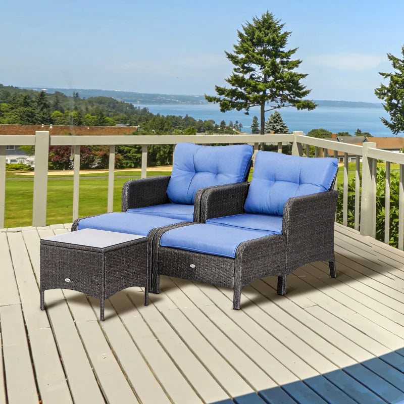 Outsunny 5 Piece Rattan Wicker Lounge Chair, Outdoor Patio Conversation Set with 2 Cushioned Chairs, 2 Ottomans & Tempered Glass Top Coffee Table, Blue