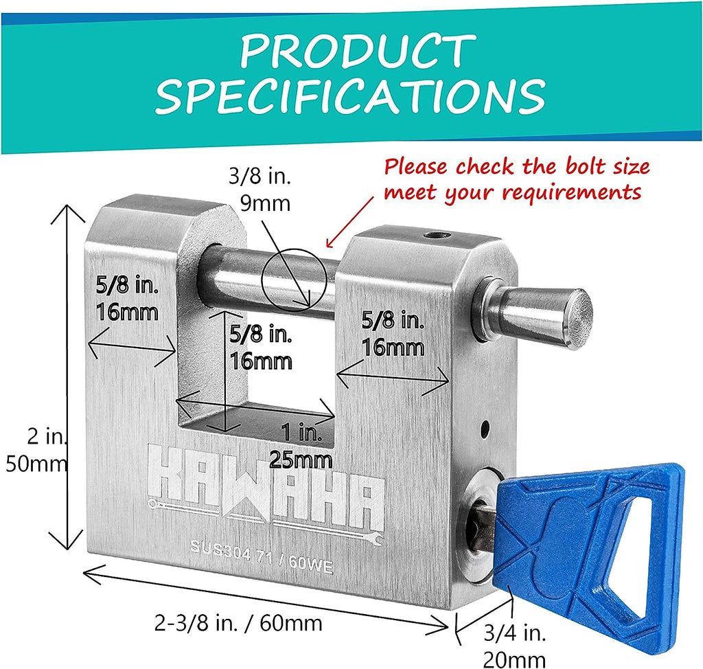 KAWAHA 71/60KA-3K Stainless Steel D-Shaped Heavy Duty Padlock with Key for Garage Door, Containers, Shed and Warehouse (2-3/4 inch, Keyed Alike - 3 Keys)