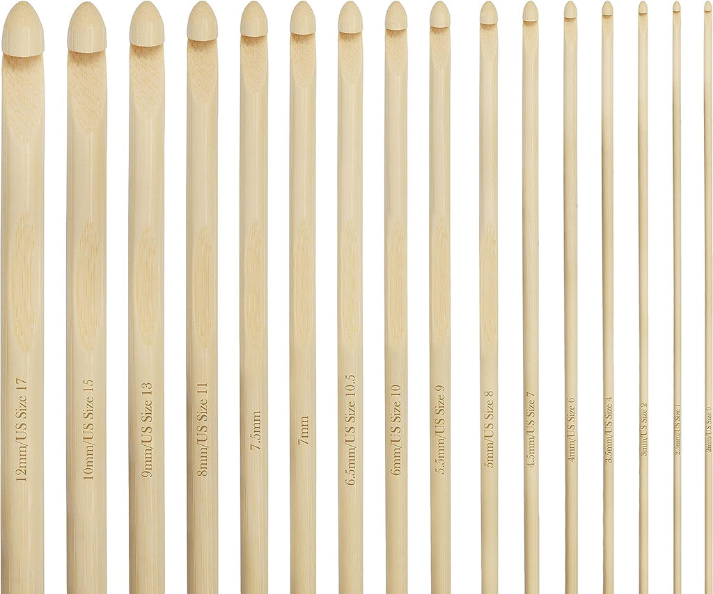 Curtzy Bamboo Wood Crochet Hooks with Plastic Cable (16 Pairs) - 2-12mm Sizes - Tunisian Hook Needles Set with Bead Ends - for Knitting Yarn, Weave Craft and Crocheting Projects