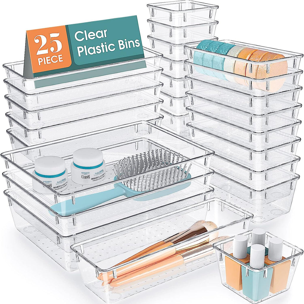 WOWBOX 25 PCS Clear Plastic Drawer Organizer Set, 4 Sizes Desk Drawer Divider Organizers and Storage Bins for Makeup, Jewelry, Gadgets for Kitchen, Bedroom, Bathroom, Office
