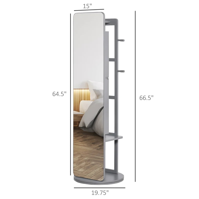 HOMCOM Full Length Mirror with Jewelry Cabinet, Hanging Cloth Bar, Coat Rack, 360° Rotating Floor Mirror, Grey