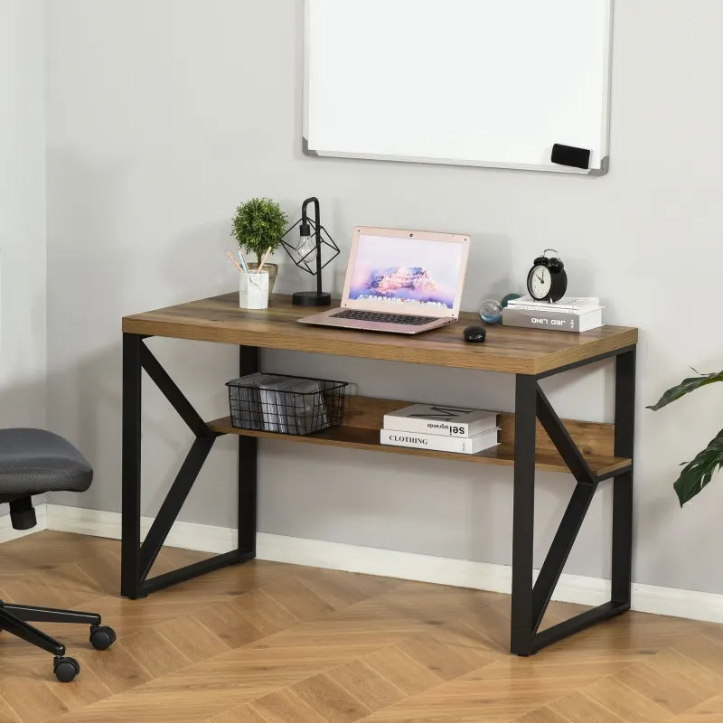 HOMCOM 47 Inch Industrial Writing Desk with Storage Shelf Below, Computer Desk with K-Shaped Steel Frame and Adjustable Footpads for Home Office, Black/Brown