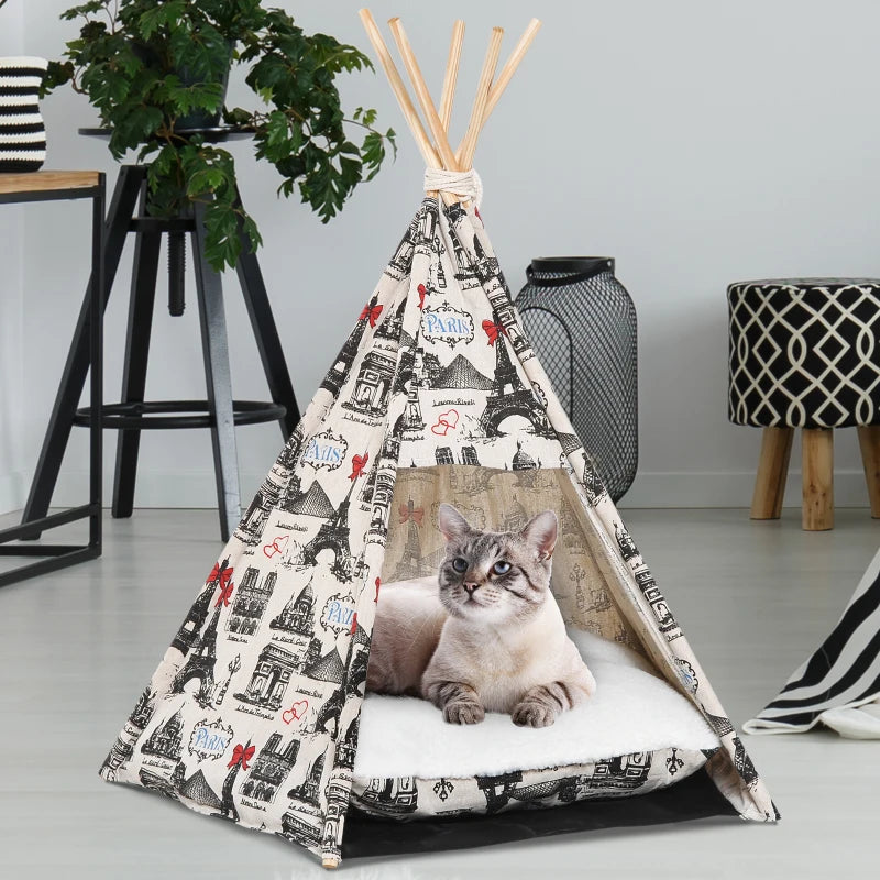 PawHut Foldable Teepee Puppy Dog Cat Bed Tents and Houses Pet Small Washable with Cushion