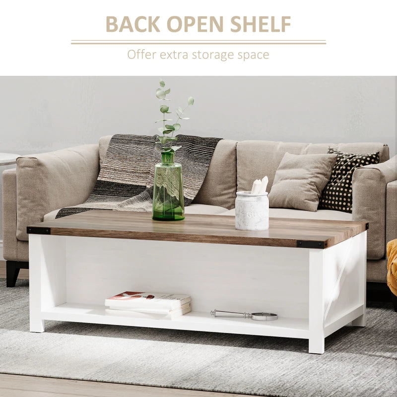 HOMCOM Farmhouse Coffee Table with Drawer and Storage Open Shelf for Living Room, White Oak
