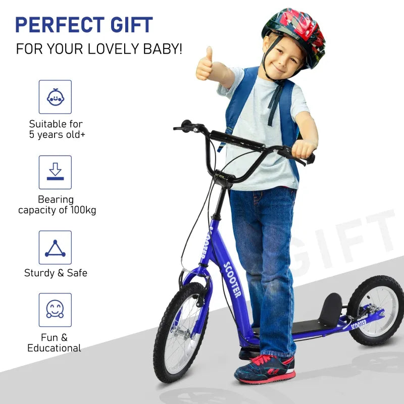ShopEZ USA Youth Scooter Kick Scooter for Kids 5+ with Adjustable Handlebar 16" Front and 12" Rear Dual Brakes Inflatable Wheels, Blue