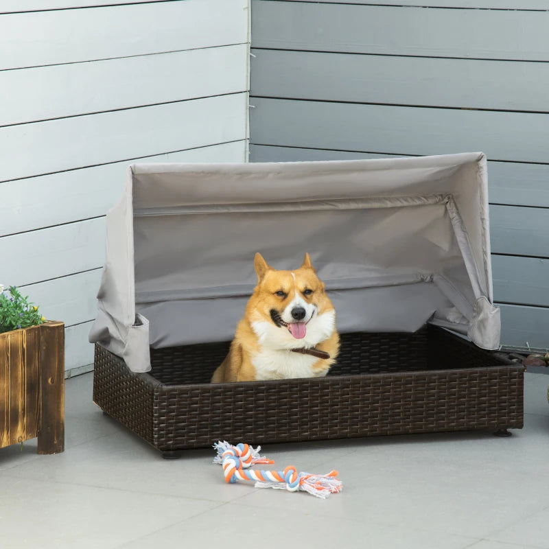 PawHut Wicker Dog House Elevated Pet Bed with Shade Canopy for Medium Large Dogs Indoor Outdoor with Cushion, 36" x 28" x 32"