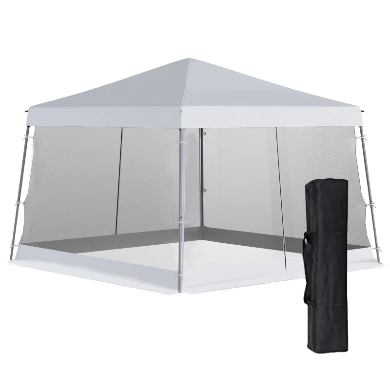 Outsunny Slant Leg Pop Up Canopy Tent with Netting and Carry Bag, Instant Sun Shelter, Tents for Parties, Height Adjustable, for Outdoor, Garden, Patio, (11.5'x11.5' Base / 10'x10' Top), White