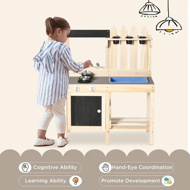 Outsunny Kids Kitchen Play Set Outdoor, Wooden Cooking Game Toy, Educational Pretend Role, with Frying Pan, Removable Sink, Planting Pots, Shelf, Cabinets, for 3-7 Years Old