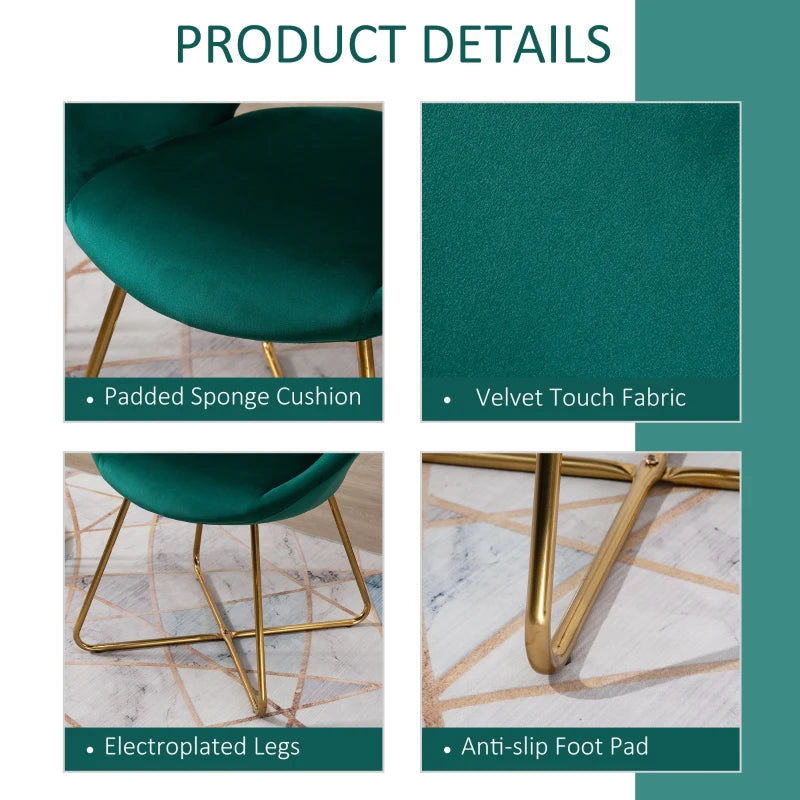 HOMCOM Modern Accent Velvet Chair Open Curved Mid-Back Upholstered Vanity Chair with Gold Plating Metal Legs for Living Room/Office/Reception, Green