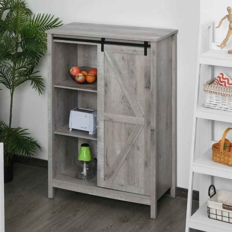 HOMCOM Farmhouse Accent Cabinet, Kitchen Cupboard Storage Cabinet, 3-Tier Organizer with Barn Door and Adjustable Shelf, Grey Oak