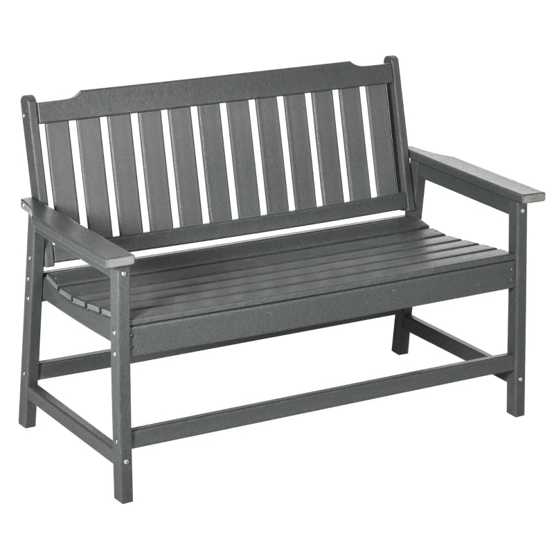 Outsunny Outdoor Bench for Two Person, Waterproof HDPE Garden Bench with Slatted Backrest and Seat, Patio Loveseat with Armrests for Lawn, Yard, Balcony, Porch, Dark Gray