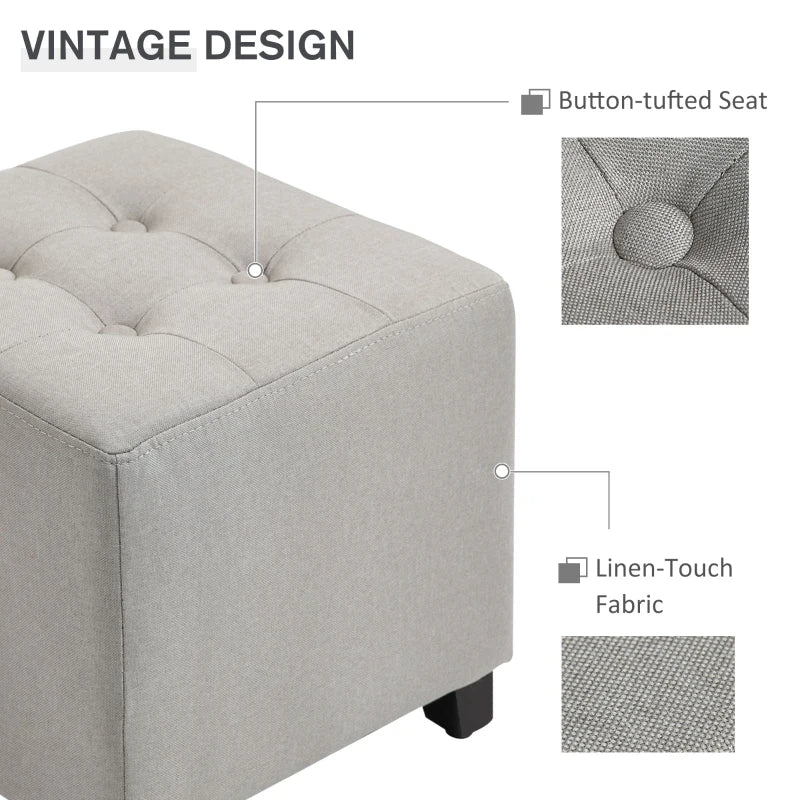 HOMCOM Tufted Ottoman Linen-Touch Fabric Upholstered Footrest Stool with Anti-Slip Pads, Light Grey