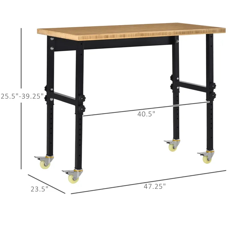 HOMCOM 47" Work Bench with Height Adjustable Legs, Bamboo Tabletop Workstation Tool Table on Wheels for Garage, Weight Capacity 1320 Lbs, Black/Natural