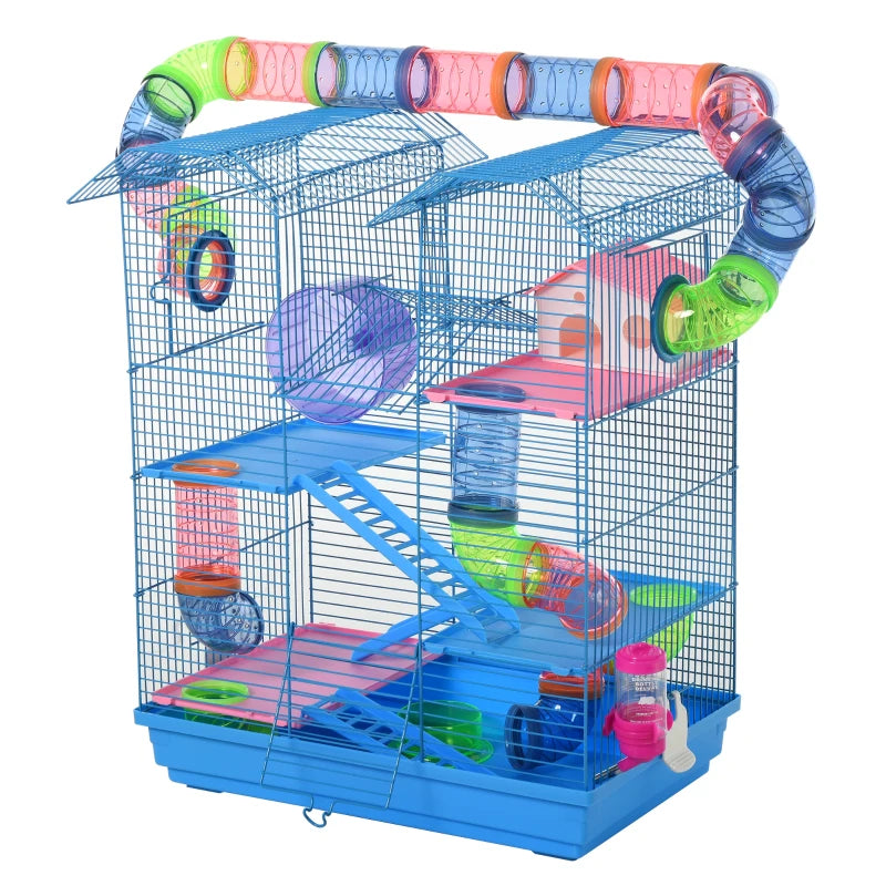 PawHut 18.5" 5 Tier Hamster Cage with Tubes and Tunnels, Small Animal Cage, Rat Gerbil Cage with Water Bottle, Food Dish, Exercise Wheel, Blue