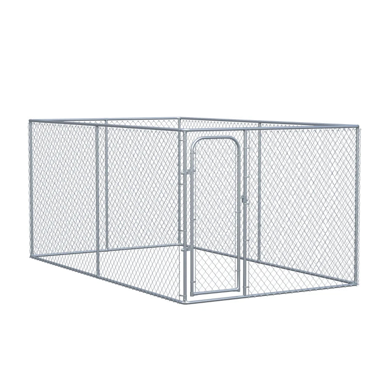 PawHut Outdoor Dog Kennel, Galvanized Chain Link Fence Heavy Duty Pet Run House, Chicken Coop with Secure Lock Mesh Sidewalls for Backyard Garden, Silver