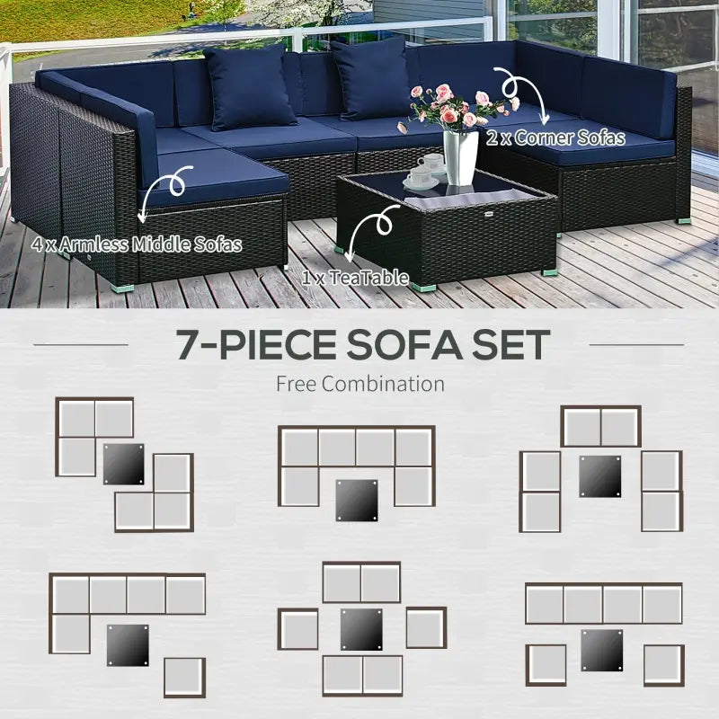 Outsunny 7 Piece Outdoor Patio Furniture Set, PE Rattan Wicker Sectional Sofa Set with Couch Cushions, Throw Pillows and Black Coffee Table, Charcoal