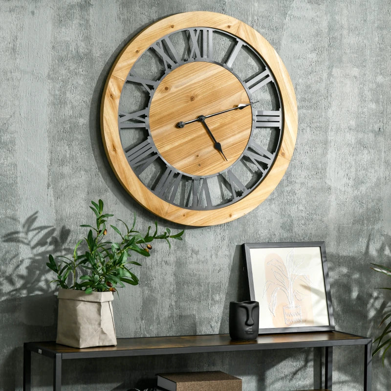 HOMCOM 36 Inch Large Wall Clock, Silent Non Ticking Wood Metal Farmhouse Roman Numeral Clocks for Living Room Decor, Battery Operated, Black