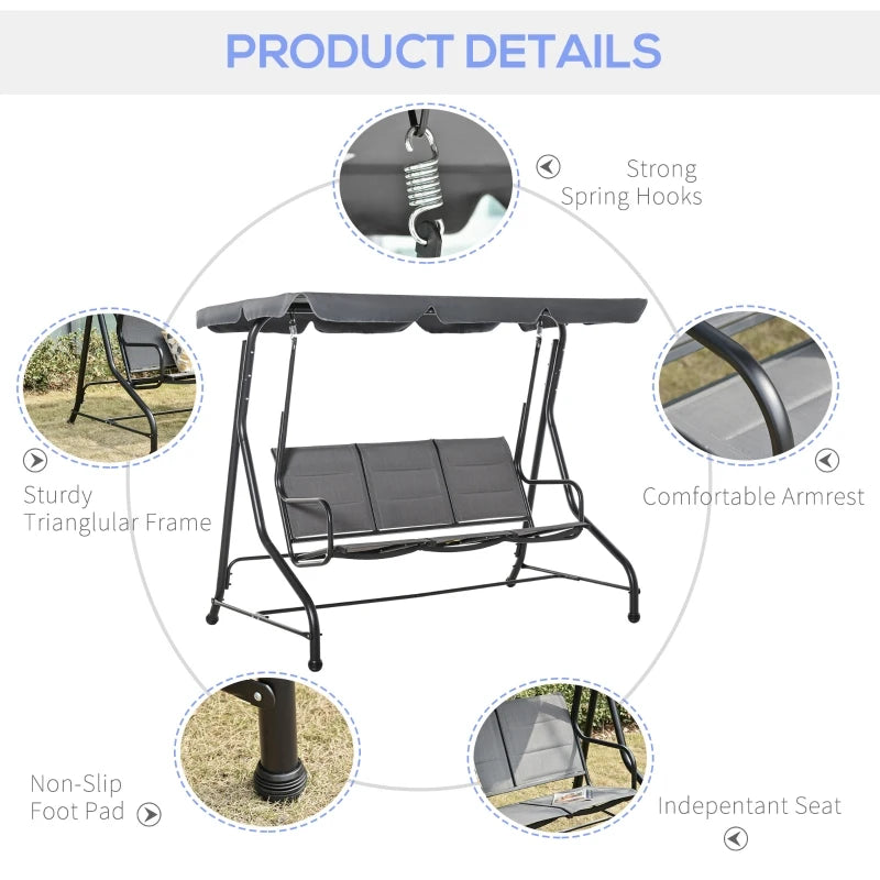 Outsunny 2 Person Porch Swing with Stand, Outdoor Swing with Canopy, Pivot Storage Table, 2 Cup Holders, Cushions for Patio, Backyard, Gray