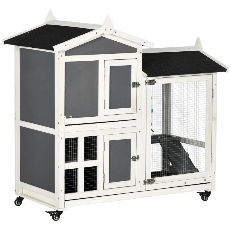 PawHut 43" Rabbit Hutch Indoor Outdoor with Wheels, 2 Tier Wooden Bunny Cage for Small Animals with Water Resistant Roof, Water Bottle, Run, No Leak Trays, Ramps