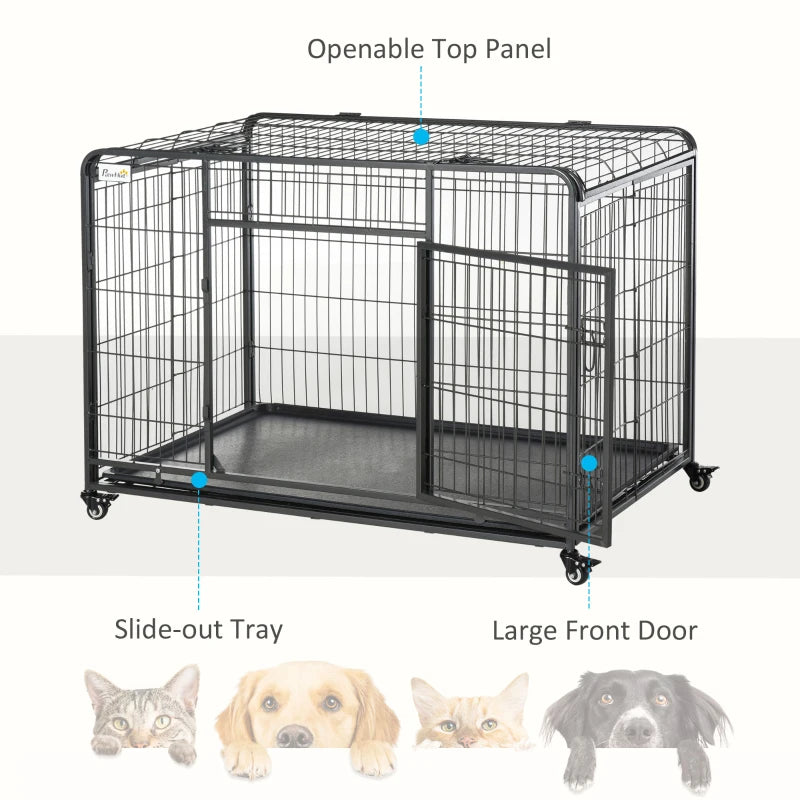 PawHut Heavy Duty Folding Design Metal Dog Crate & Kennel with Removable Tray & 4 Locking Wheels 43" x 28" x 30.75"