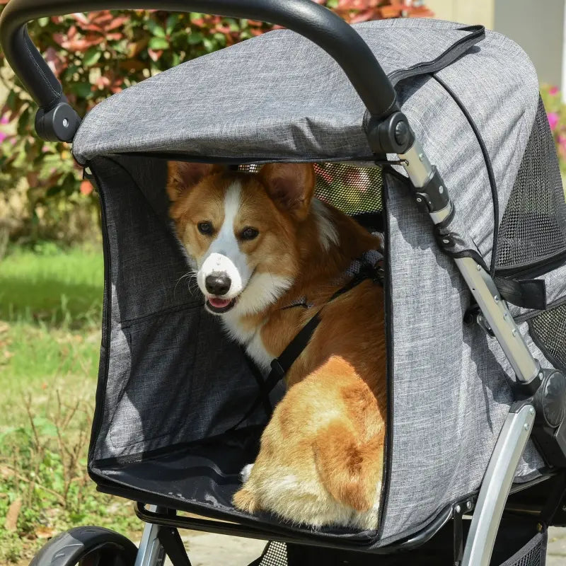 PawHut 2 in 1 Foldable Dog Stroller with Suspension, Detachable Carriage, Adjustable Canopy, Safety Leashes and Storage Basket, Grey