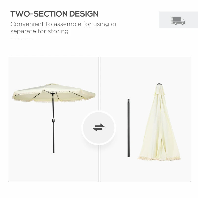 Outsunny 9ft Patio Umbrella with Push Button Tilt and Crank, Outdoor Market Table Umbrella with Fringed Tassles and 8 Ribs, for Garden, Deck, Pool, Cream White