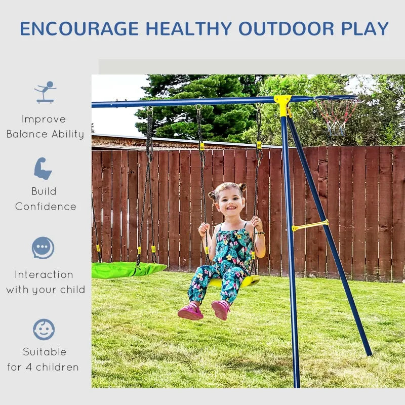 Outsunny Kids Metal Swing Set for Backyard, Outdoor Play Equipment, with Saucer Swing Adjustable Swing Seat, Basket Hoop, Climb Ladder, Net, A-Frame Metal Stand, for 3-10 Years Old, Green