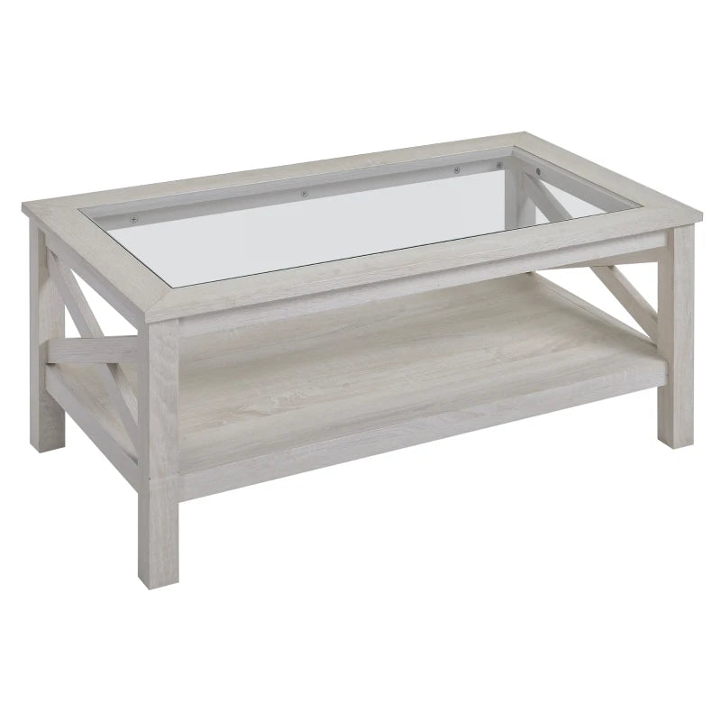 HOMCOM Farmhouse Style Coffee Table with Wood Frame, Tempered Glass Tabletop and Underneath Storage Shelf for Living Room, White Oak