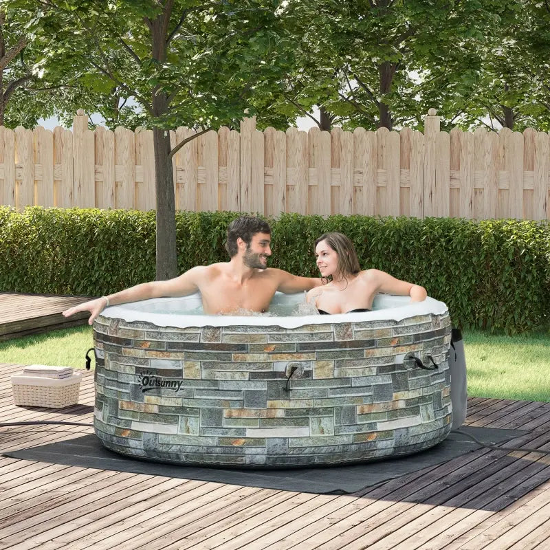 Outsunny 2-3 Person Inflatable Hot Tub Outdoor Round Portable Heated Spa with 108 Jets, Pump, Cover, Filter Cartridges, Mixed Grey