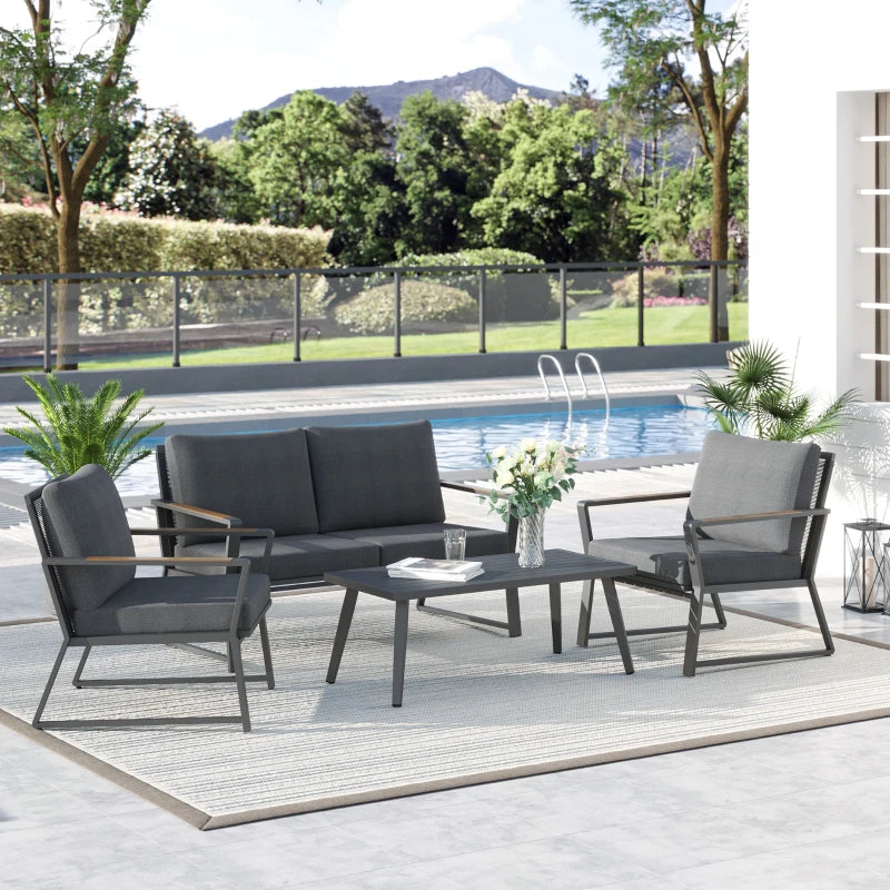 Outsunny 5 Seater L Shaped Patio Furniture Set, Wood Outdoor Sectional Sofa Conversation Set with Coffee Table and Cushions for Garden, Backyard, Porch and Poolside, Grey