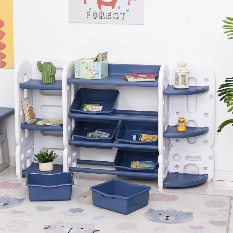 Qaba Childrens Toy Storage & Bin Organizer with 3 Separate Shelving Sections, 7 Shelves, & 6 Removeable Bins - Blue