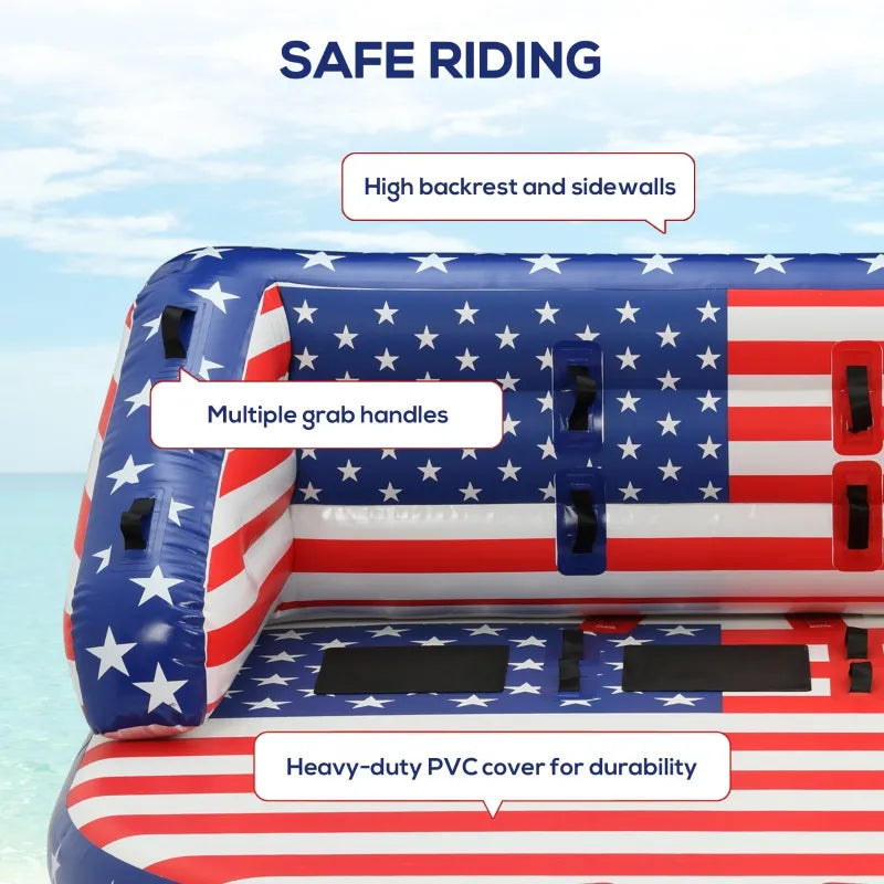 Outsunny 3 Rider Towable Tube for Boating, Spacious Family Size Inflatable Deck Seat Blow Up Couch w/ Front and Back Tow Points for Multiple Riding Positions Water Sports, American Flag Pattern