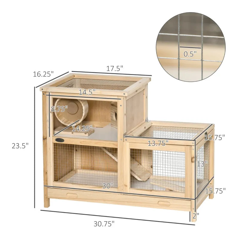 PawHut Wooden Hamster Cage with Storage Shelf, Large Hamster Cage Including Seesaw, Small Animal Cage with Sliding Tray, Wide Ramp for Racing, Running Wheel, 35.5" H