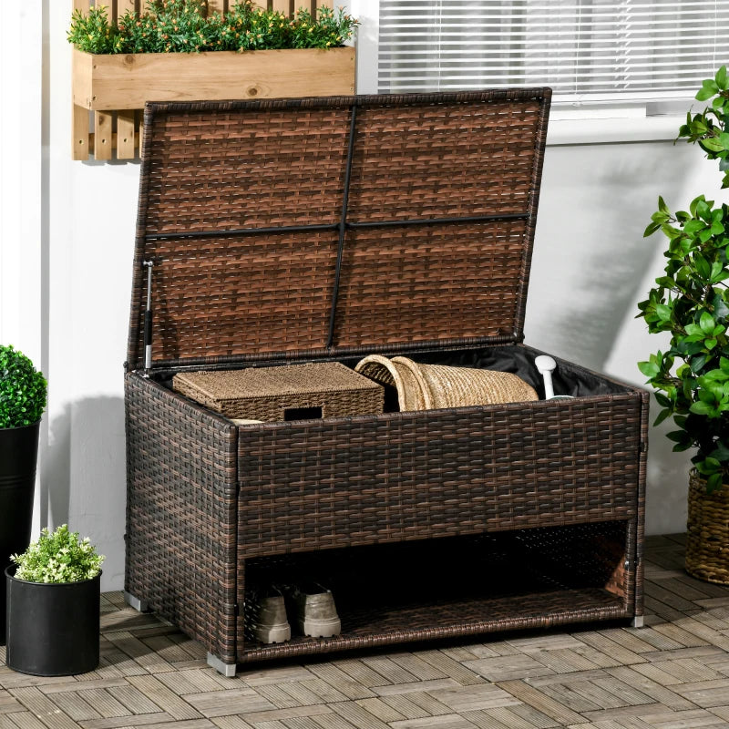 Outsunny Outdoor Deck Box, PE Rattan Wicker with Liner, Hydraulic Lift, and A Handle for Indoor, Outdoor, Patio Furniture Cushions, Pool, Toys, Garden Tools, Gray