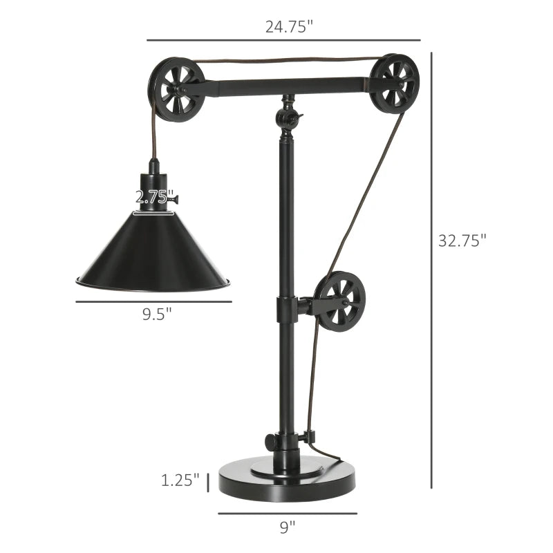 HOMCOM Industrial Table Lamp with Steel Frame, for LED Halogen Bulb, Bedside Lamp with Rotary Switch, Black