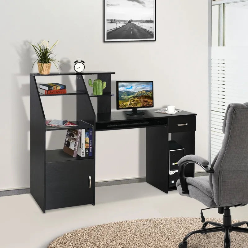 HOMCOM Writing PC Computer Desk with Height Adjustable Monitor Stand and Foot Pads for Home Office Workstation - Black