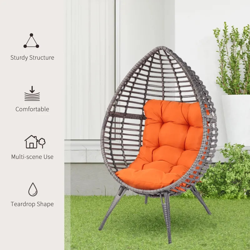Outsunny Egg Chair w/ Soft Cushion, Teardrop Cuddle Seat, Outdoor / Indoor, PE Plastic Rattan Furniture, Adjustable Height, Orange