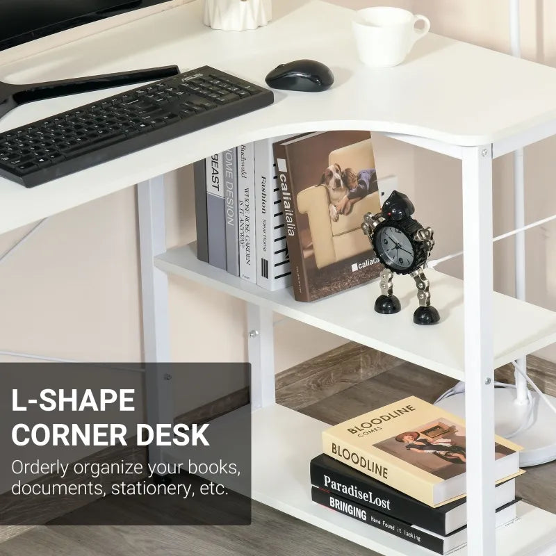 HOMCOM L-Shaped Computer Desk Home Office Corner Desk Study Workstation Table with with Wide Desktop, 2 Side Shelves, Steel Frame, Dark Grey