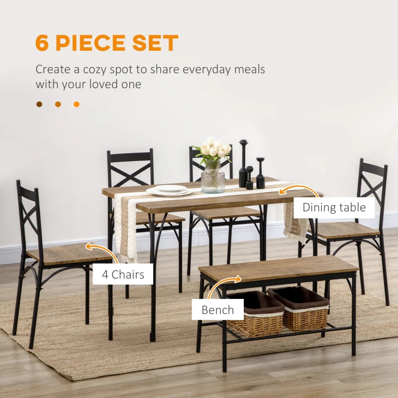 HOMCOM Industrial 3-Piece Dining Table Set, Rectangular Kitchen Table and Chairs for 4 People, Space-Saving Dinner Table with Two Benches, Rustic Brown