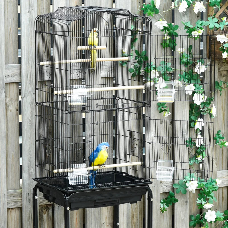 PawHut Large Bird Cage with Shelf, Handle for Taking Up or Down Stairs, Metal Bird Cage with Easy Big Doors, Outdoor or Indoor Aviary, White