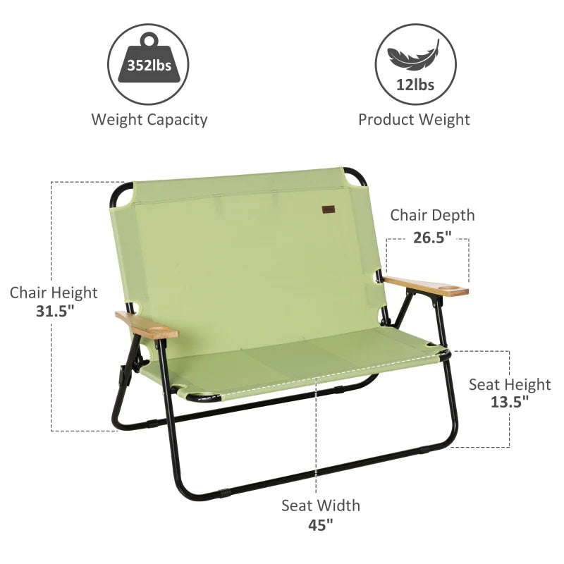 Outsunny Folding Double Camping Chair, Loveseat for 2 Adults, Portable Camping Couch with Wood Armrest & Cupholders, for Beach Sports Travel, Blue