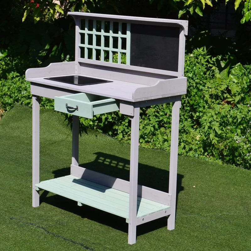 Outsunny Outdoor Wooden Potting Bench Table with Removable Sink, Garden Work Station with Chalkboard, Drawer, Open Shelf Storage