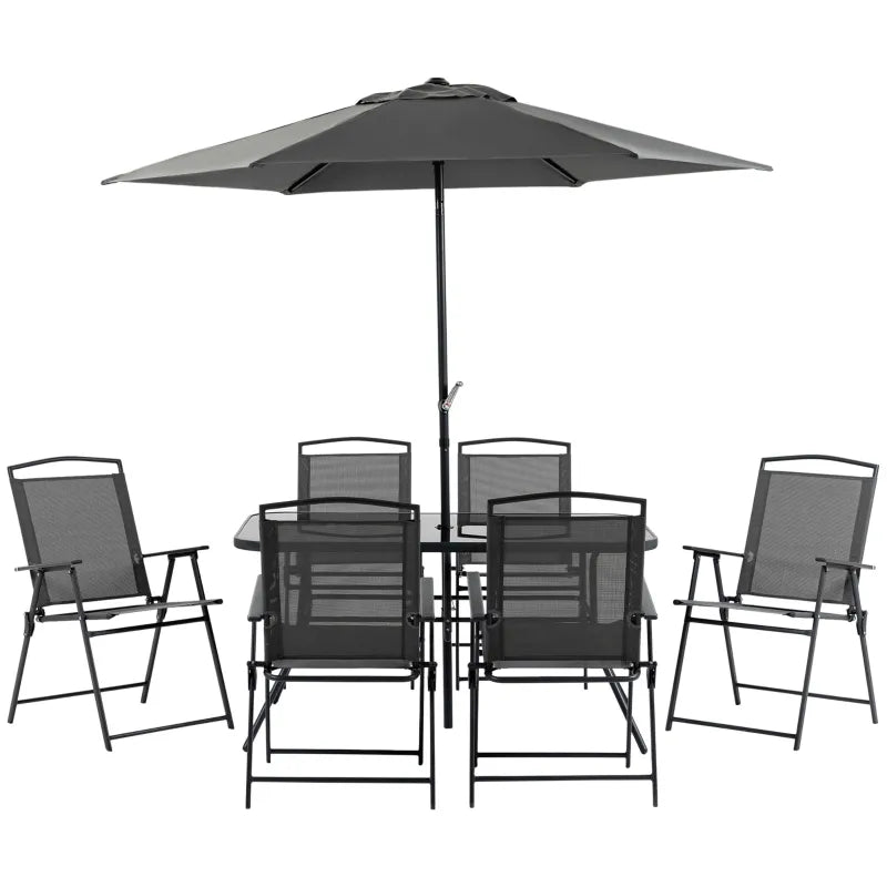 Outsunny 8 Piece Patio Dining Set with Table Umbrella, 6 Folding Chairs and Rectangle Dining Table, Outdoor Patio Furniture Set, Black