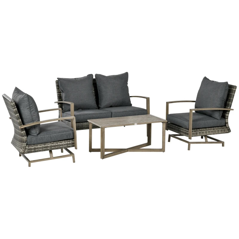 Outsunny 4 Piece Wicker Patio Furniture Set with 2 Rocking Chairs, Loveseat Sofa, Outdoor PE Rattan Conversation Set with Cushions, Aluminum Table for Porch, Poolside, Light Gray