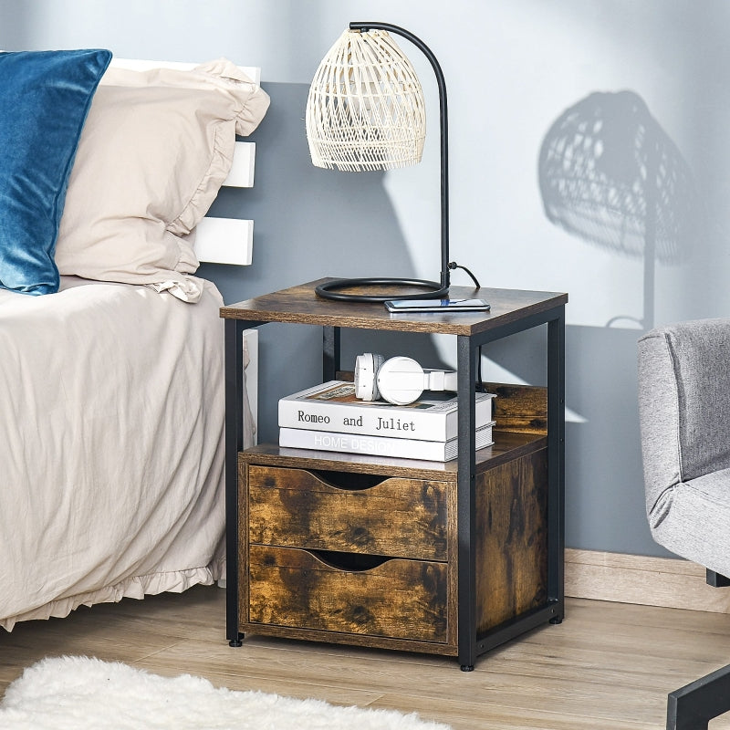 HOMCOM Industrial End Table with 2 Drawers and Open Shelf, Side Table for Living Room, Brown